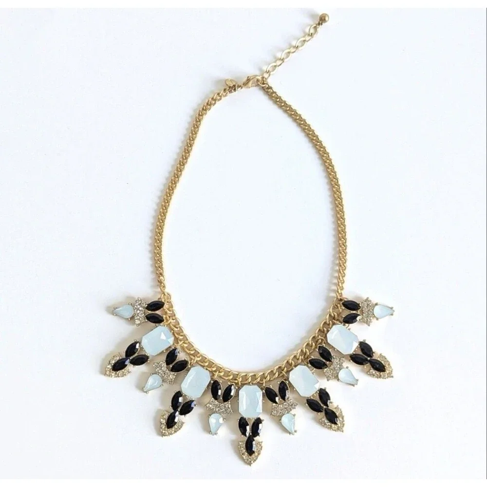 Talbots Blue And Black Rhinestone Gold Tone Chain Link Statement Necklace